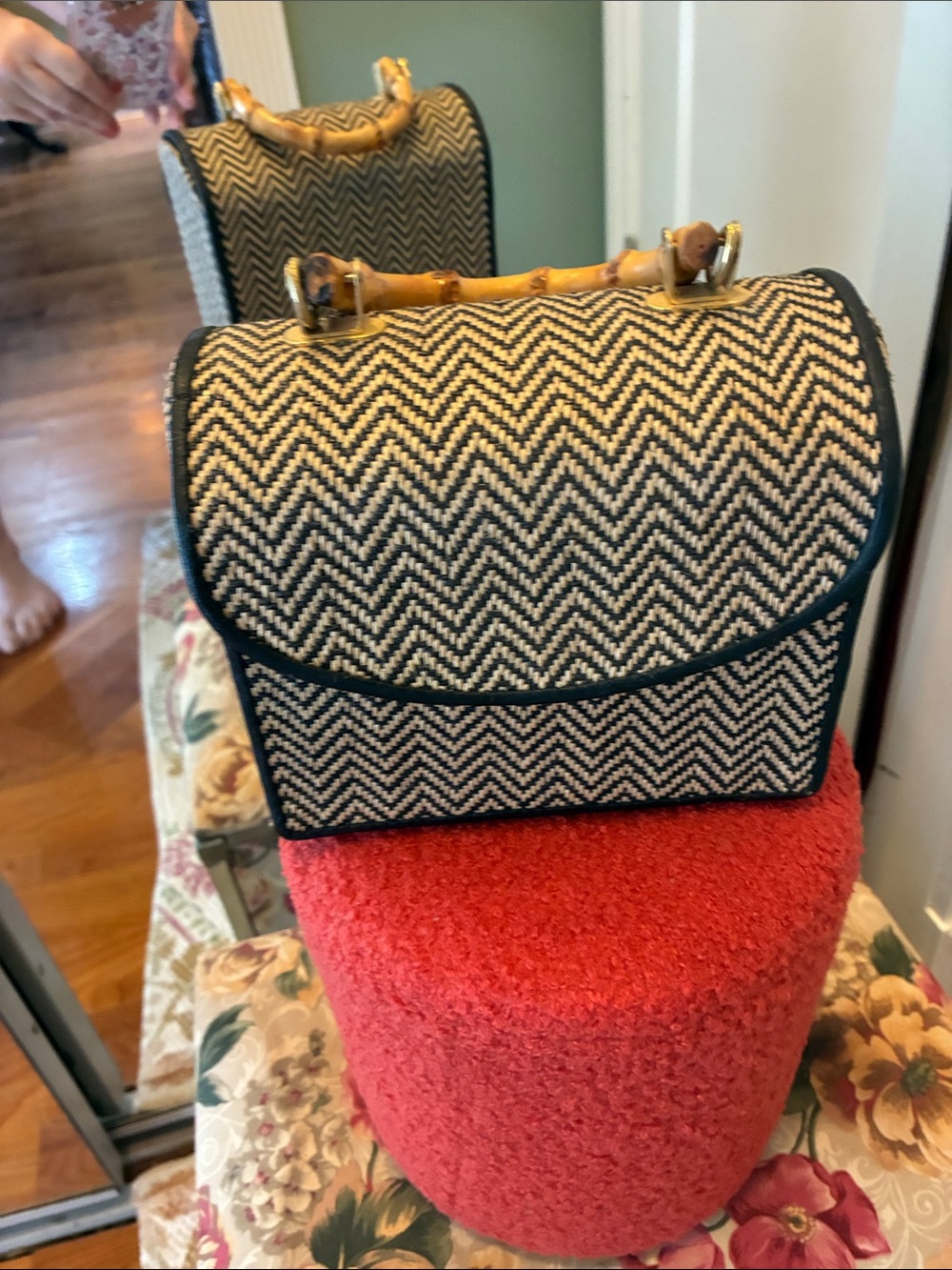 Vintage Woven Chevron Top-Handle Bag with Bamboo Handle - Black & Cream
